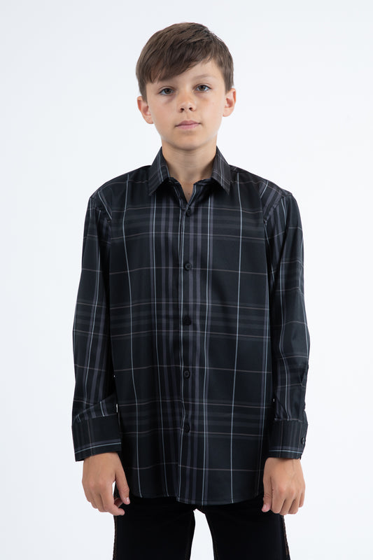 Kid's Checkered Long Sleeve Black Shirt