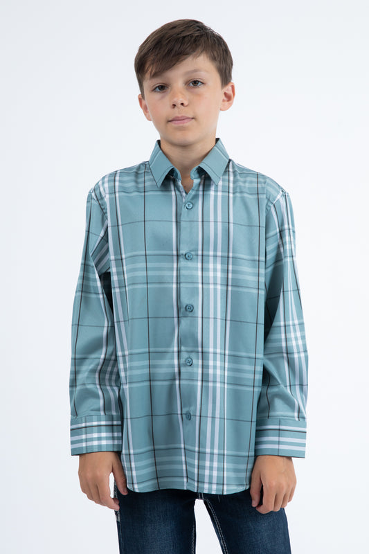 Kid's Checkered Long Sleeve Blue Shirt
