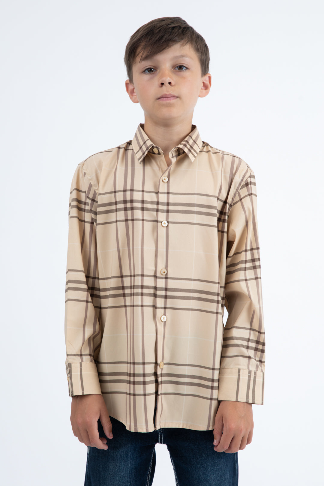 Kid's Checkered Long Sleeve Khaki/Brown Shirt
