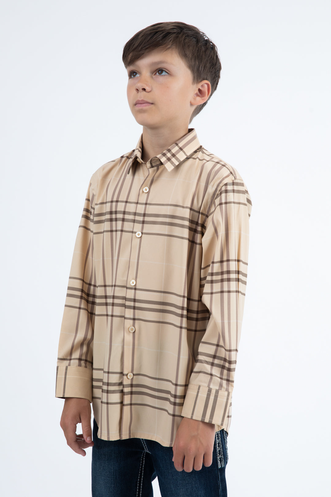 Kid's Checkered Long Sleeve Khaki/Brown Shirt