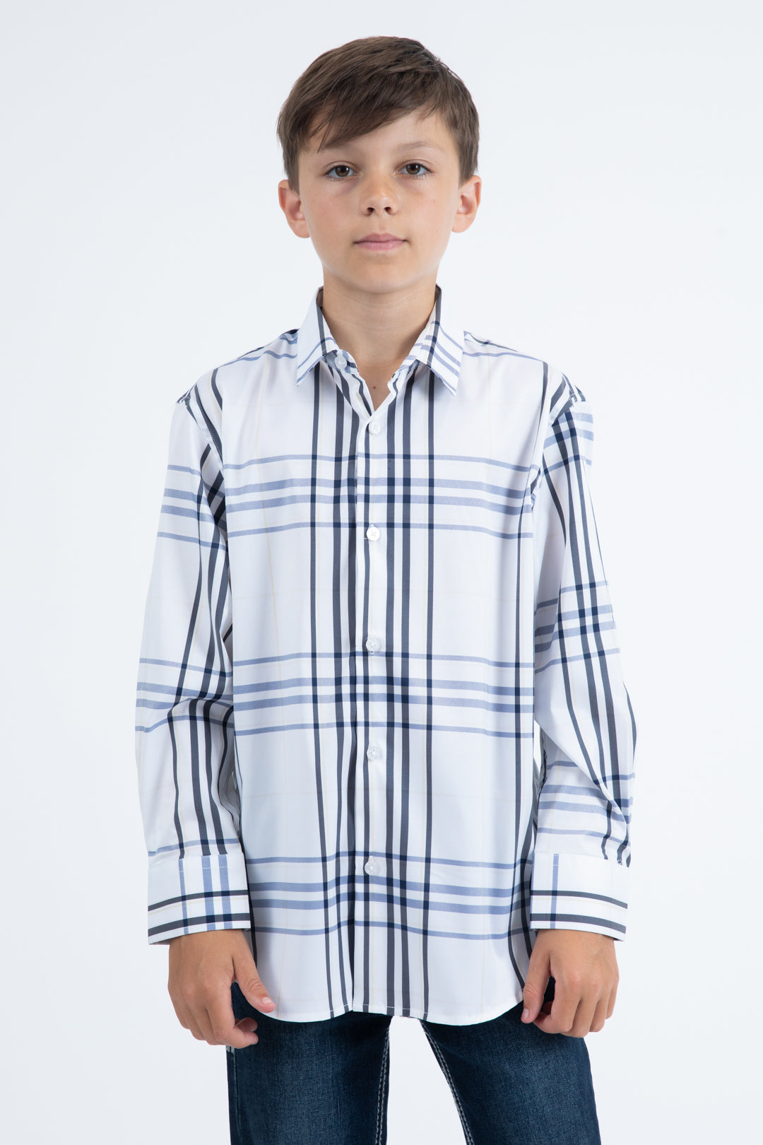 Kid's Checkered Long Sleeve White Shirt