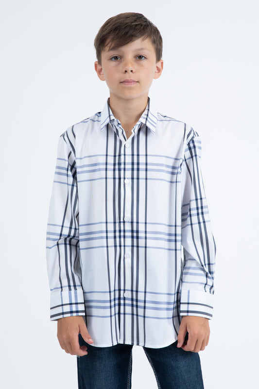 Kid's Checkered Long Sleeve White Shirt