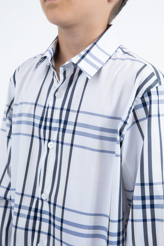 white kid's checkered long sleeve shirt detail platini