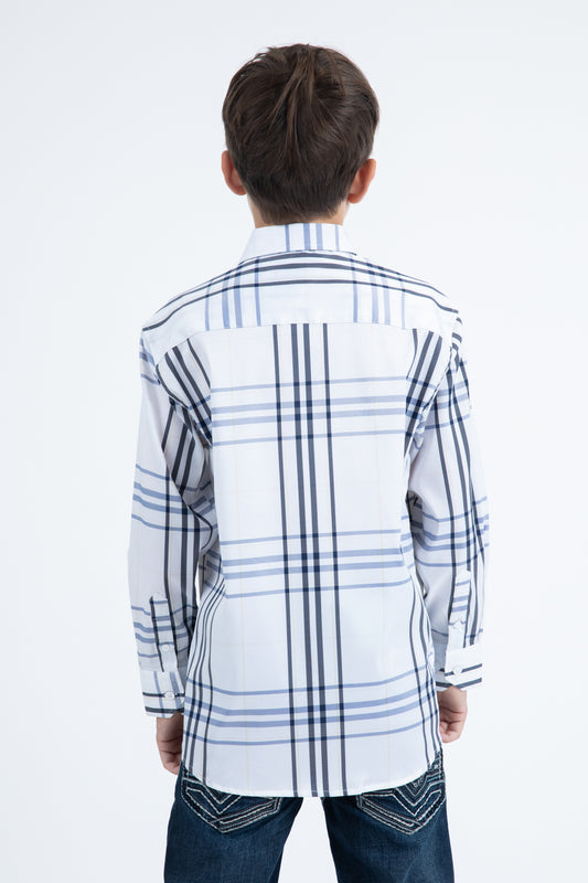 white kid's checkered long sleeve shirt back platini