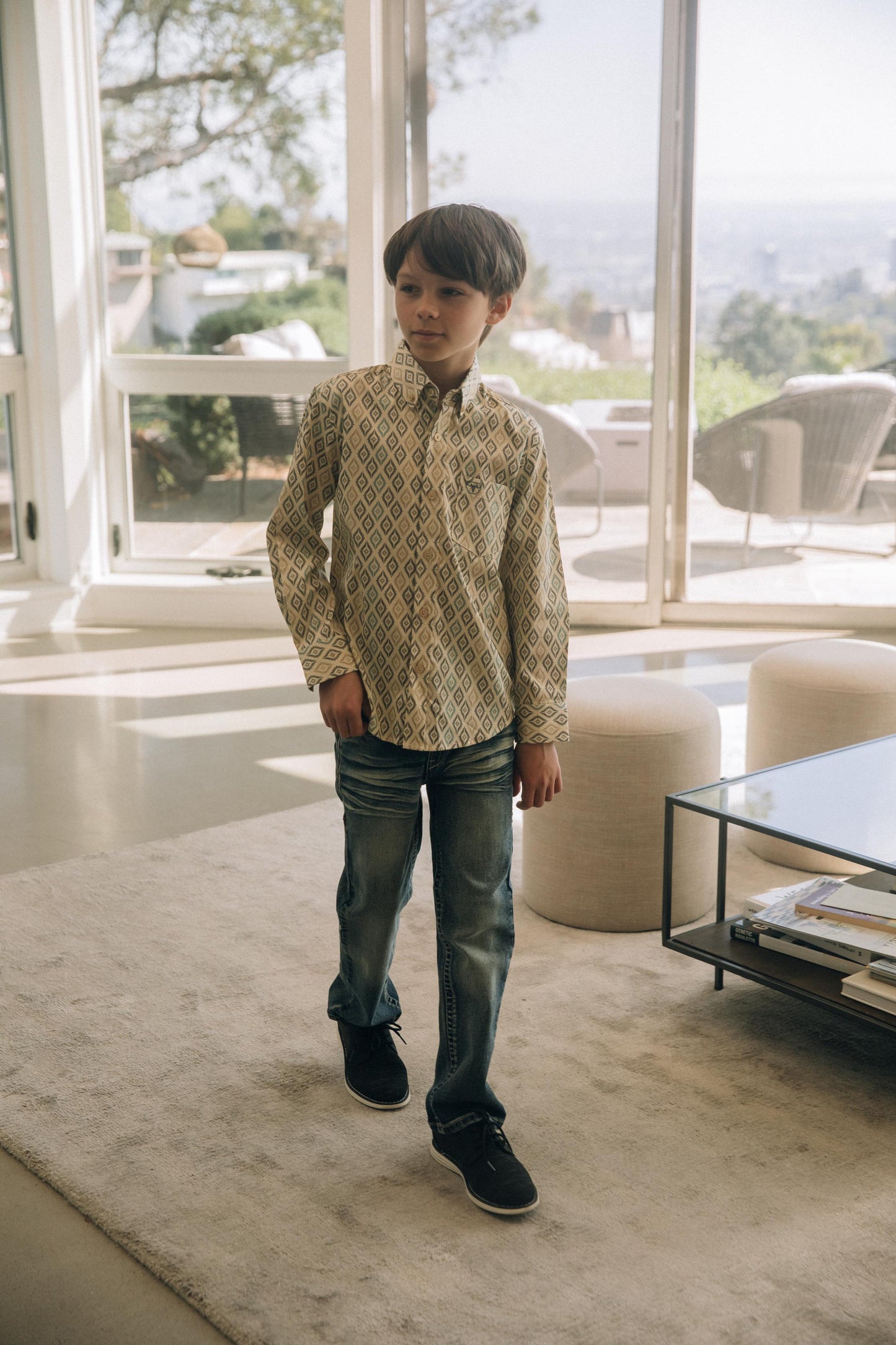 Kid's Cotton Beige Aztec Digital Print Dress Shirt