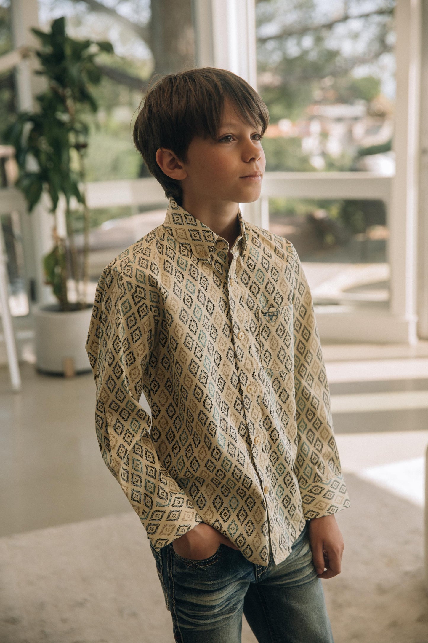 Kid's Cotton Beige Aztec Digital Print Dress Shirt
