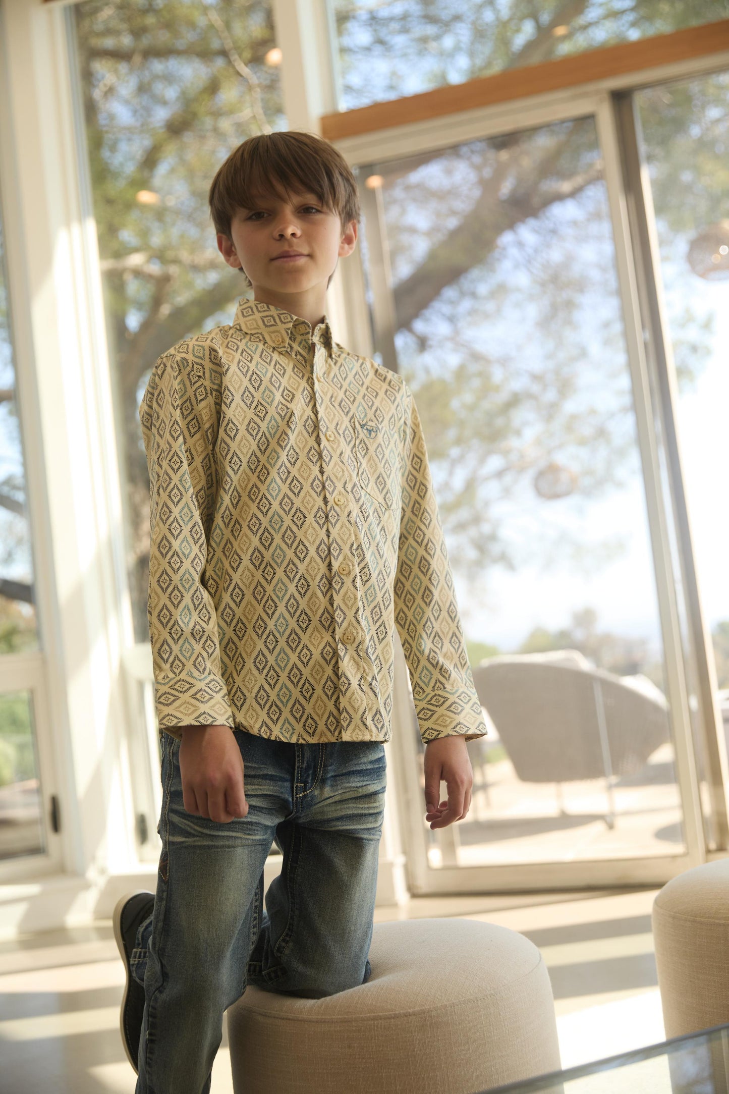 Kid's Cotton Beige Aztec Digital Print Dress Shirt