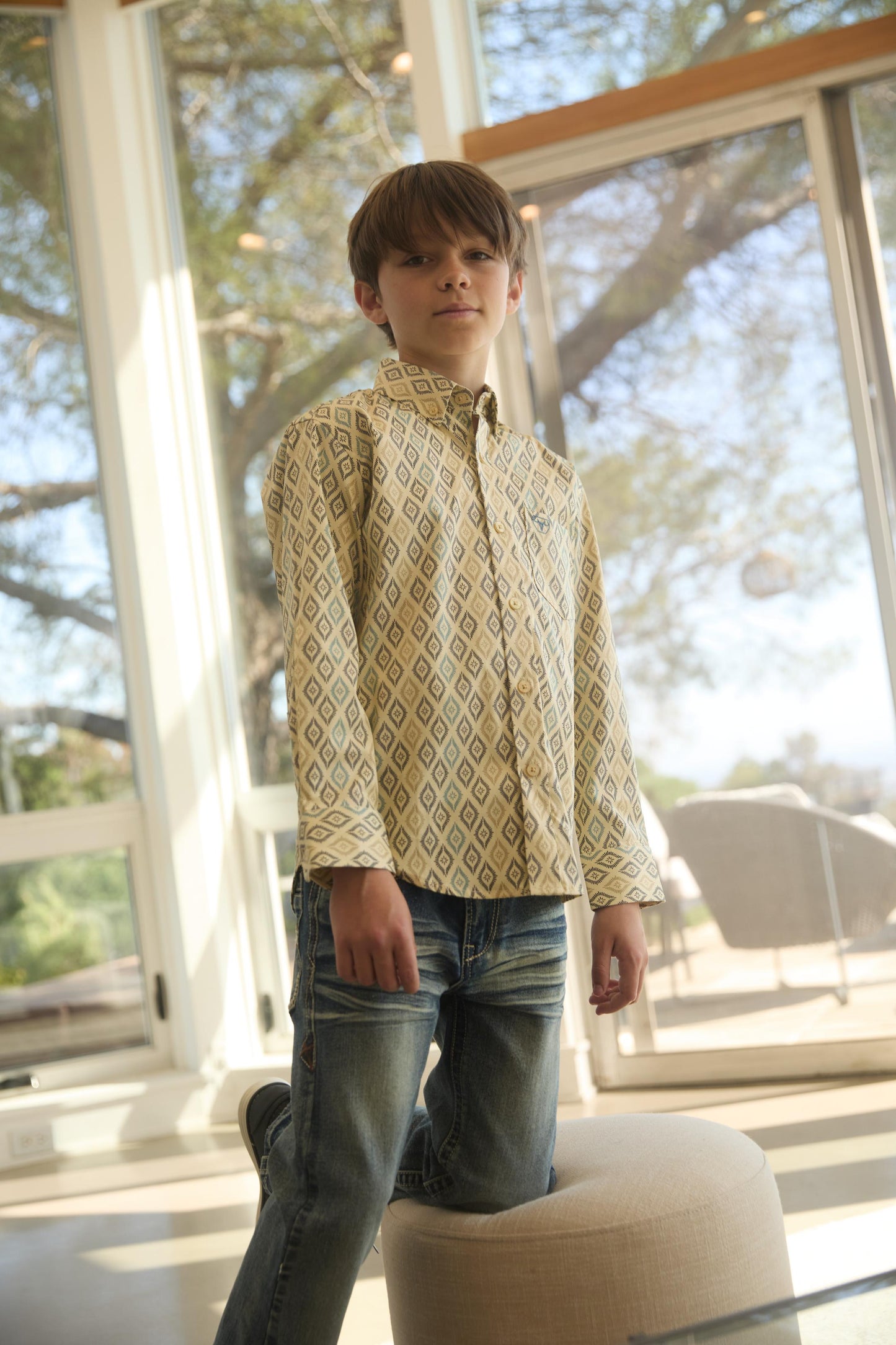 Kid's Cotton Beige Aztec Digital Print Dress Shirt