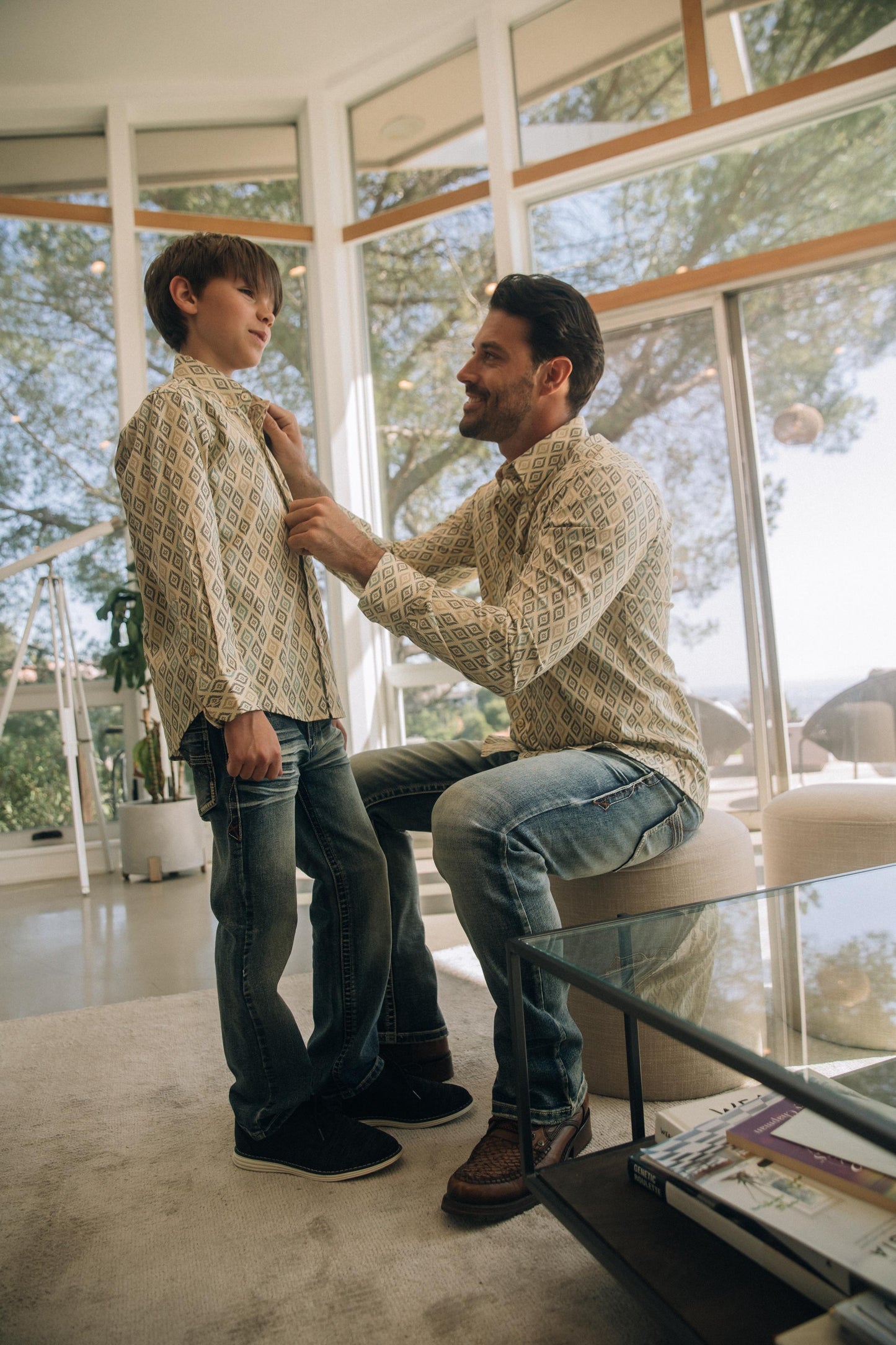 Kid's Cotton Beige Aztec Digital Print Dress Shirt