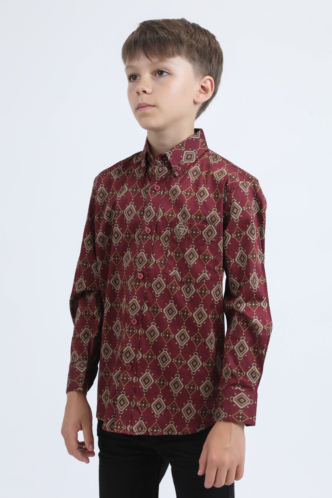 burgundy kids aztec print dress shirt platini side