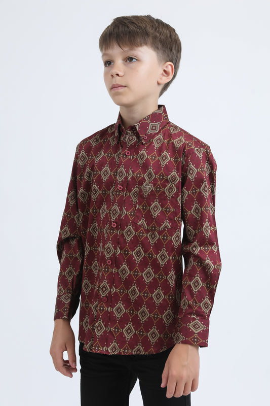 burgundy kids aztec print dress shirt platini side
