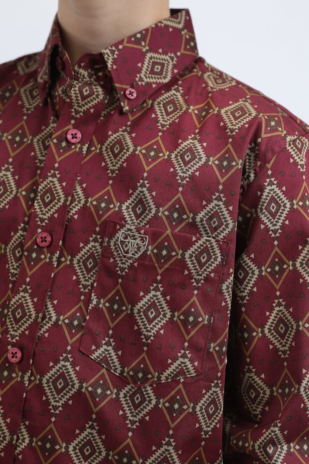 burgundy kids aztec print dress shirt platini detail