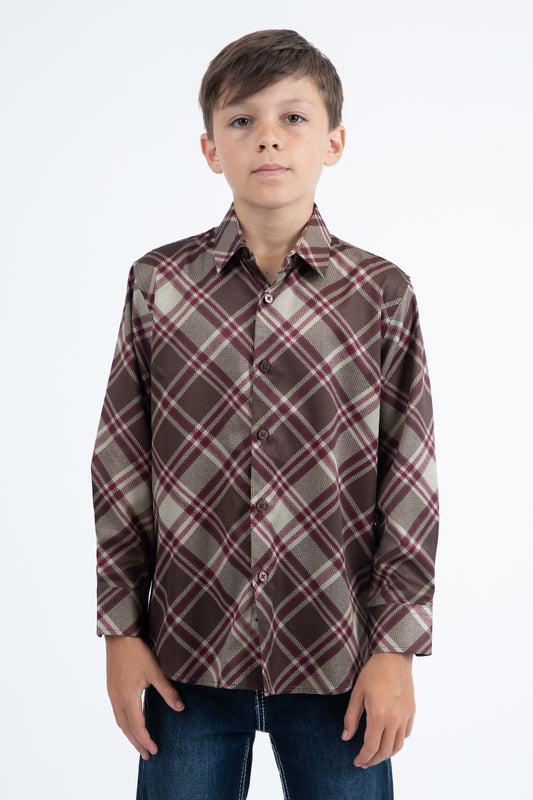 Kid's Checkered Long Sleeve Brown Shirt