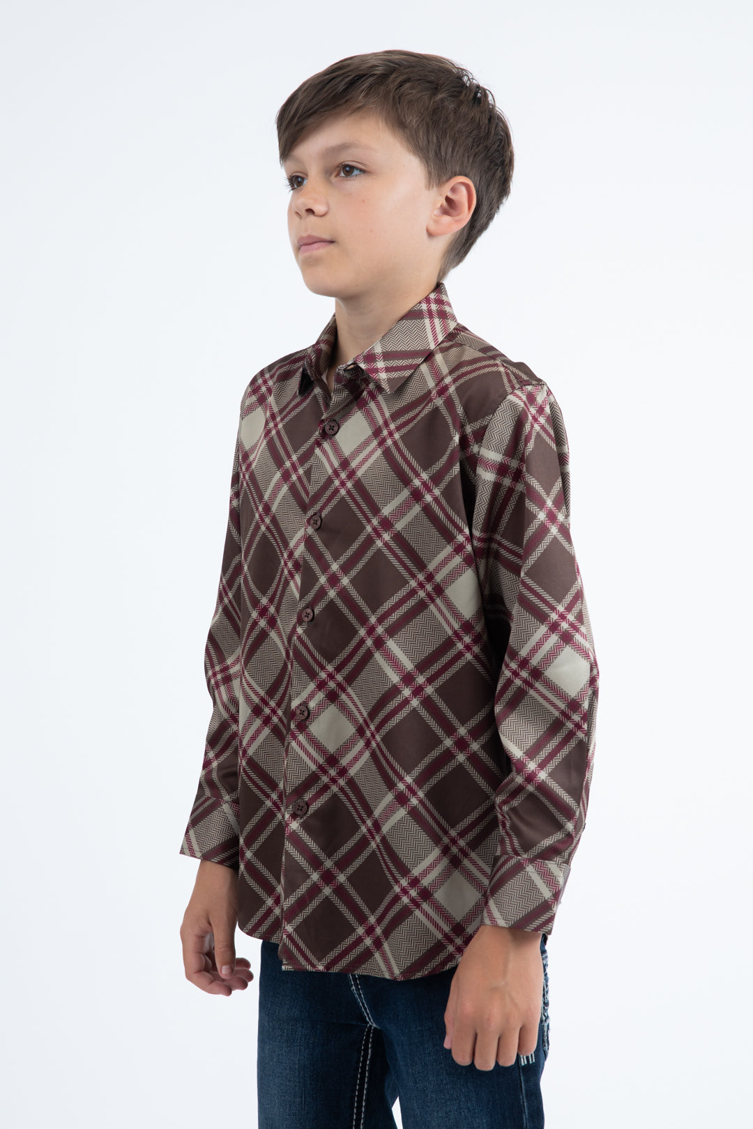 Kid's Checkered Long Sleeve Brown Shirt