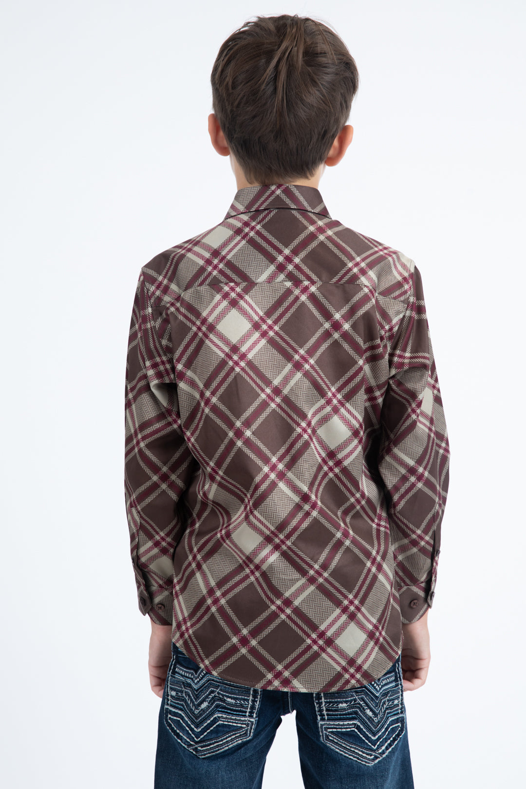 Kid's Checkered Long Sleeve Brown Shirt