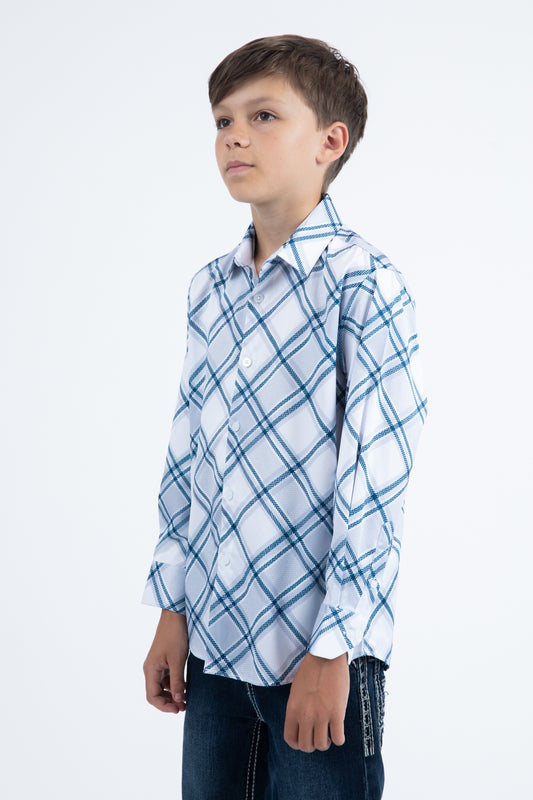 white kid's checkered long sleeve shirt side platini