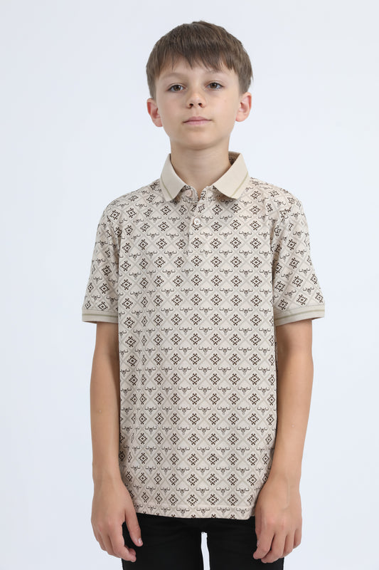 Kids Cotton Modern Fit Stretch Aztec Print Beige Polo
