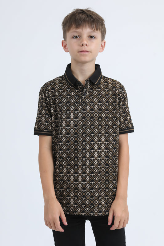 Kids Cotton Modern Fit Stretch Aztec Print Black Polo
