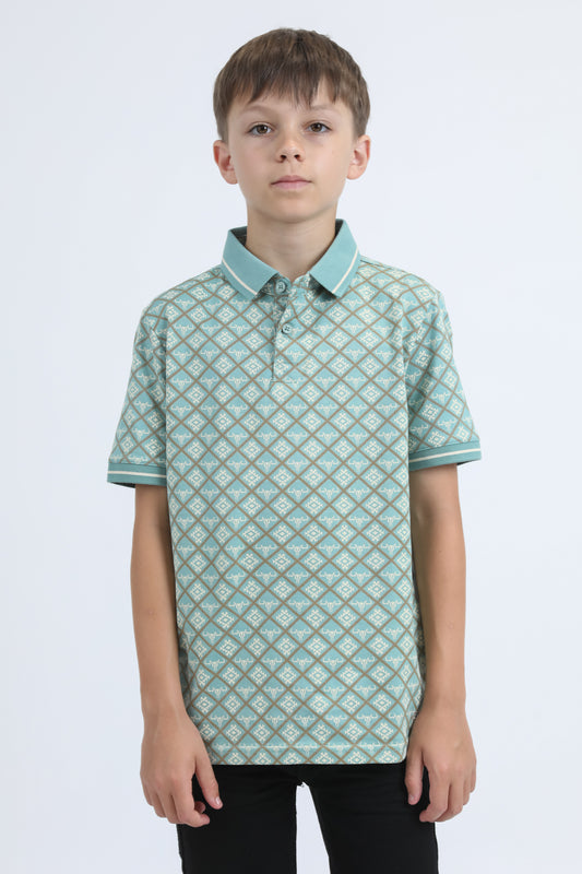 Kids Cotton Modern Fit Stretch Aztec Print Blue Polo
