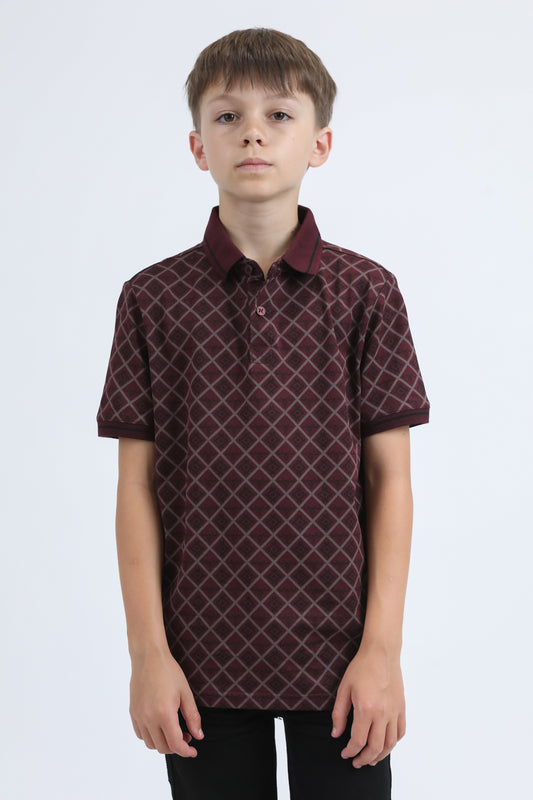 Kids Cotton Modern Fit Stretch Aztec Print Burgundy Polo