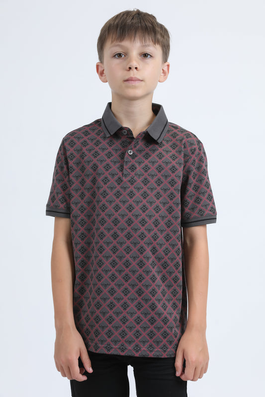 Kids Cotton Modern Fit Stretch Aztec Print Grey Polo