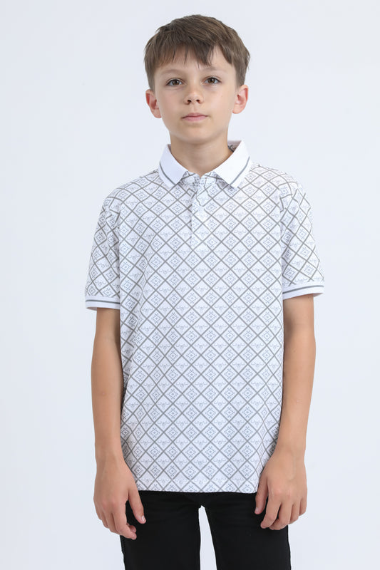 Kids Cotton Modern Fit Stretch Aztec Print White Polo
