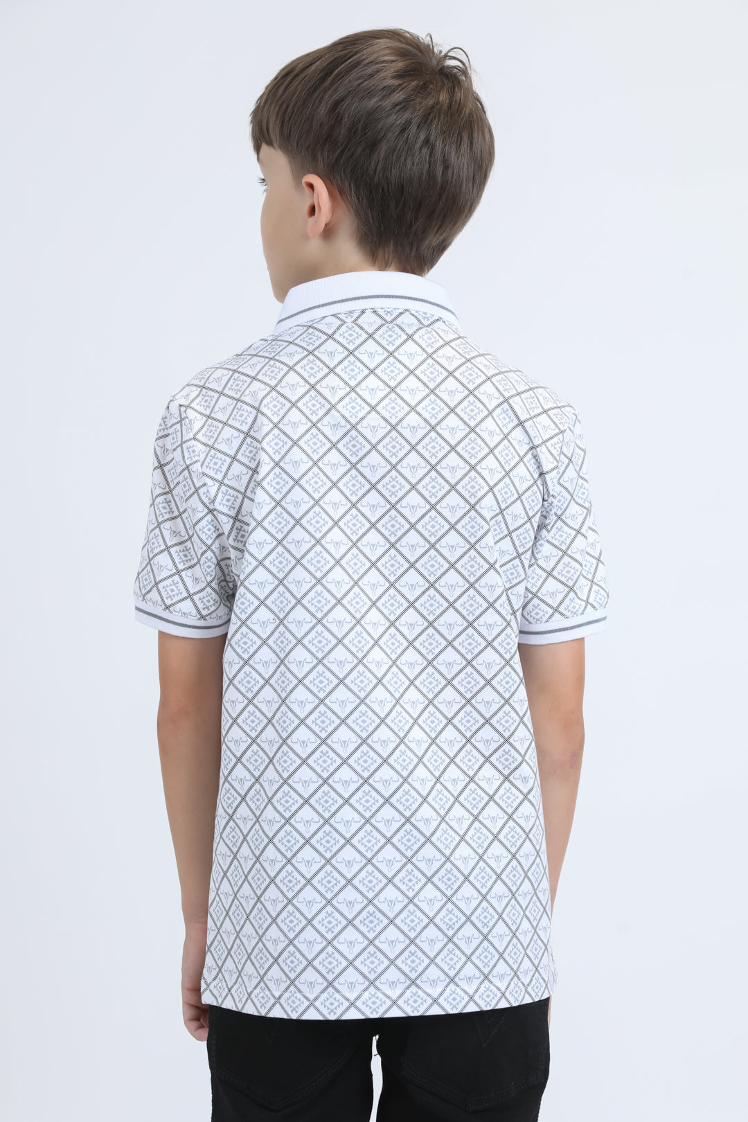 Kids Cotton Modern Fit Stretch Aztec Print White Polo