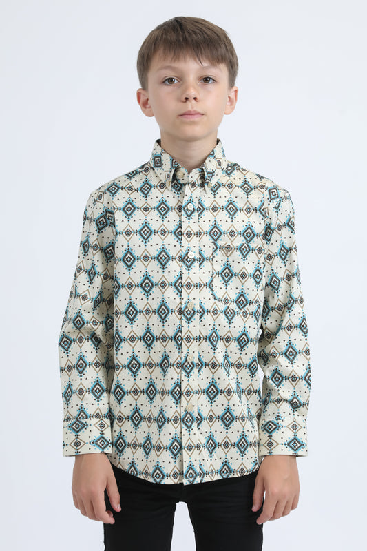 Kid's Cotton Monogram Digital Print Beige Dress Shirt