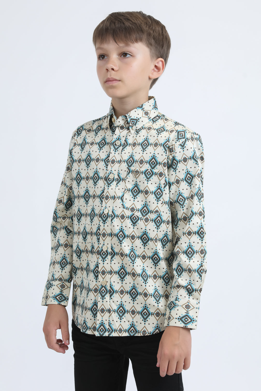 Kid's Cotton Monogram Digital Print Beige Dress Shirt