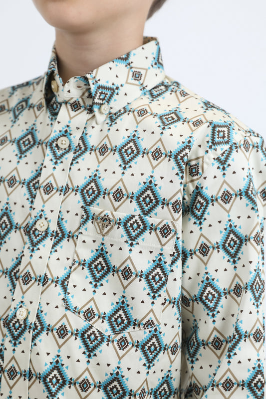 Kid's Cotton Monogram Digital Print Beige Dress Shirt