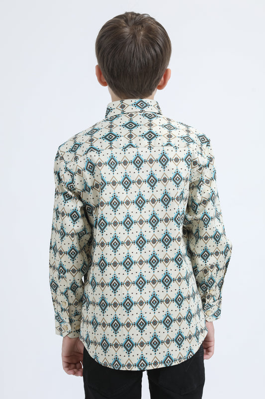 Kid's Cotton Monogram Digital Print Beige Dress Shirt