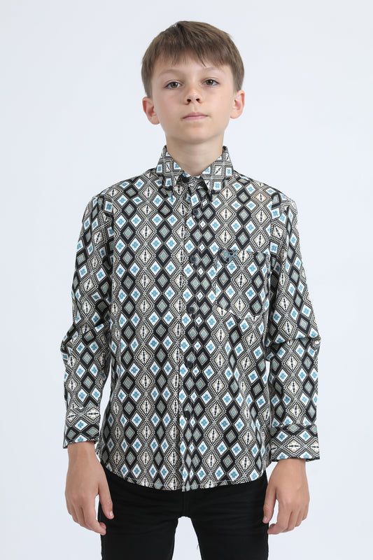 Kid's Cotton Monogram Digital Print Black Dress Shirt