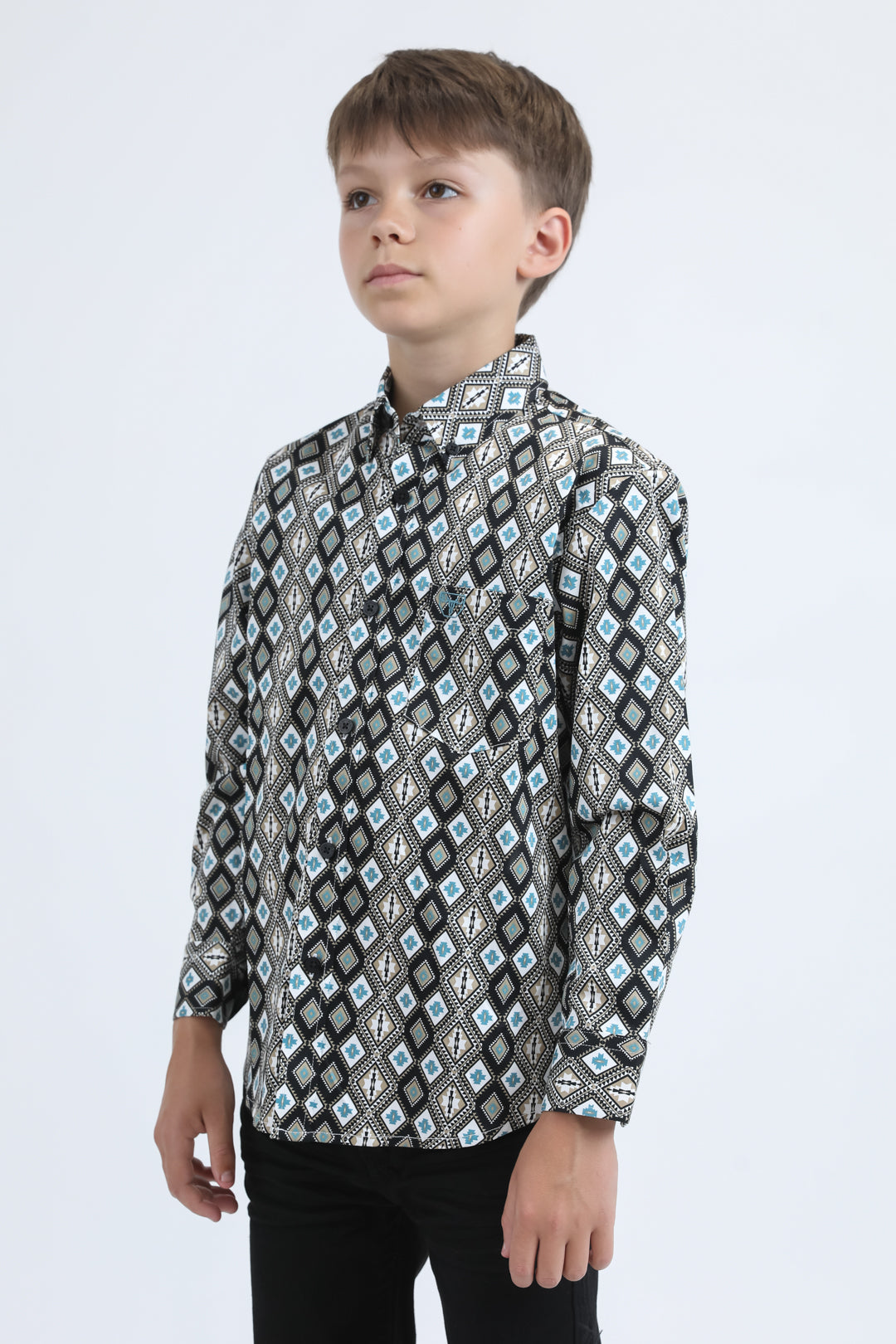 Kid's Cotton Monogram Digital Print Black Dress Shirt