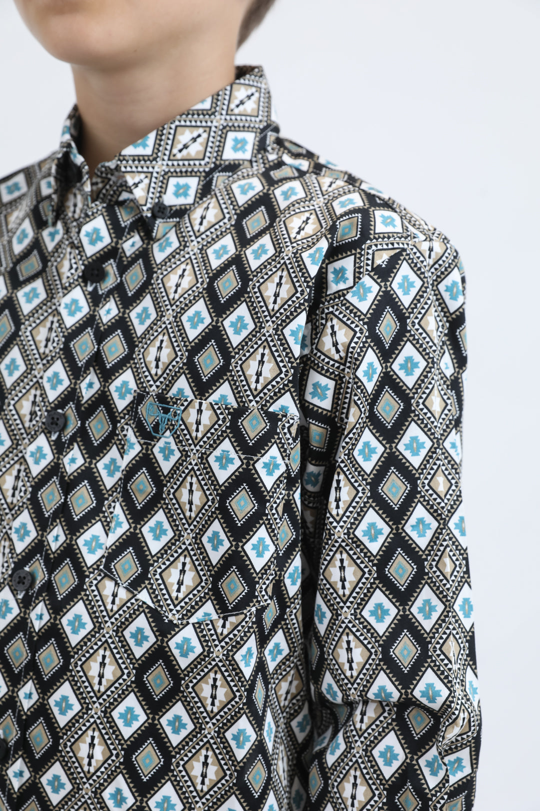 Kid's Cotton Monogram Digital Print Black Dress Shirt