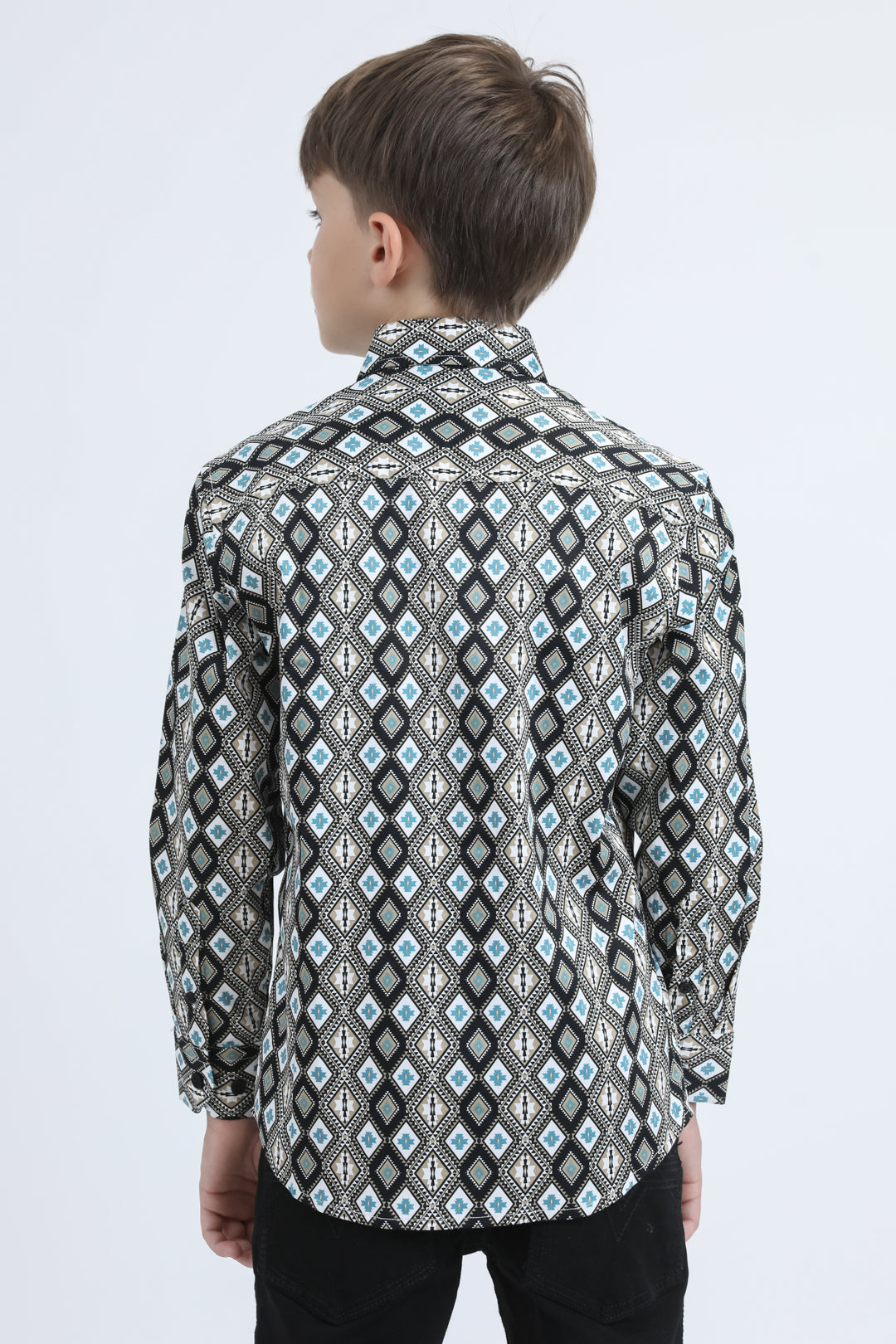 Kid's Cotton Monogram Digital Print Black Dress Shirt