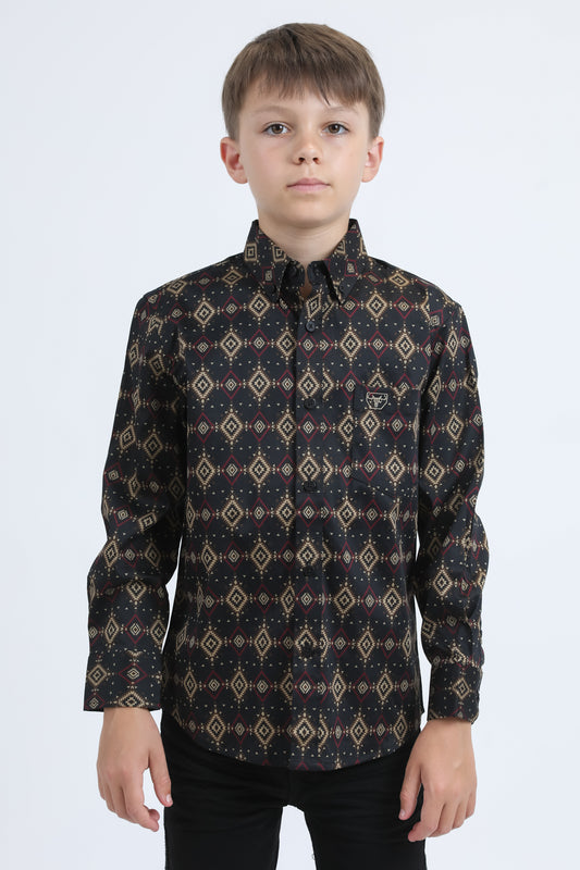 Kid's Cotton Monogram Digital Print Black Dress Shirt