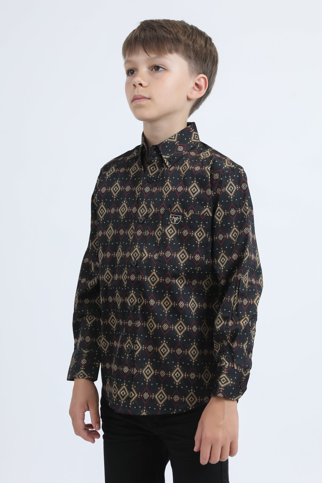 Kid's Cotton Monogram Digital Print Black Dress Shirt