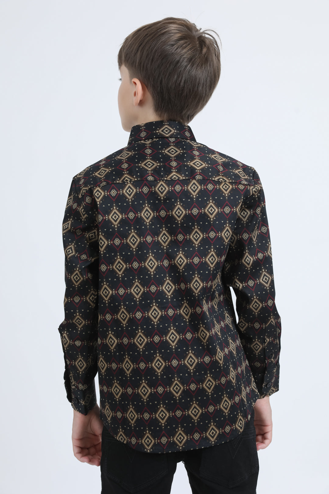 Kid's Cotton Monogram Digital Print Black Dress Shirt