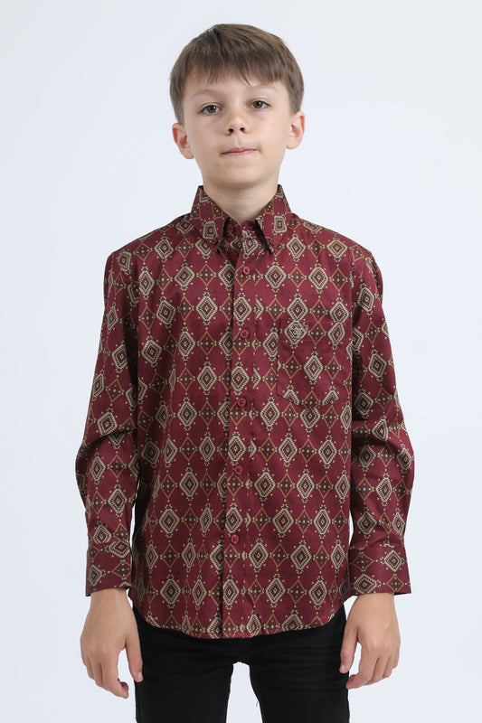 Kid's Cotton Monogram Digital Print Burgundy Dress Shirt