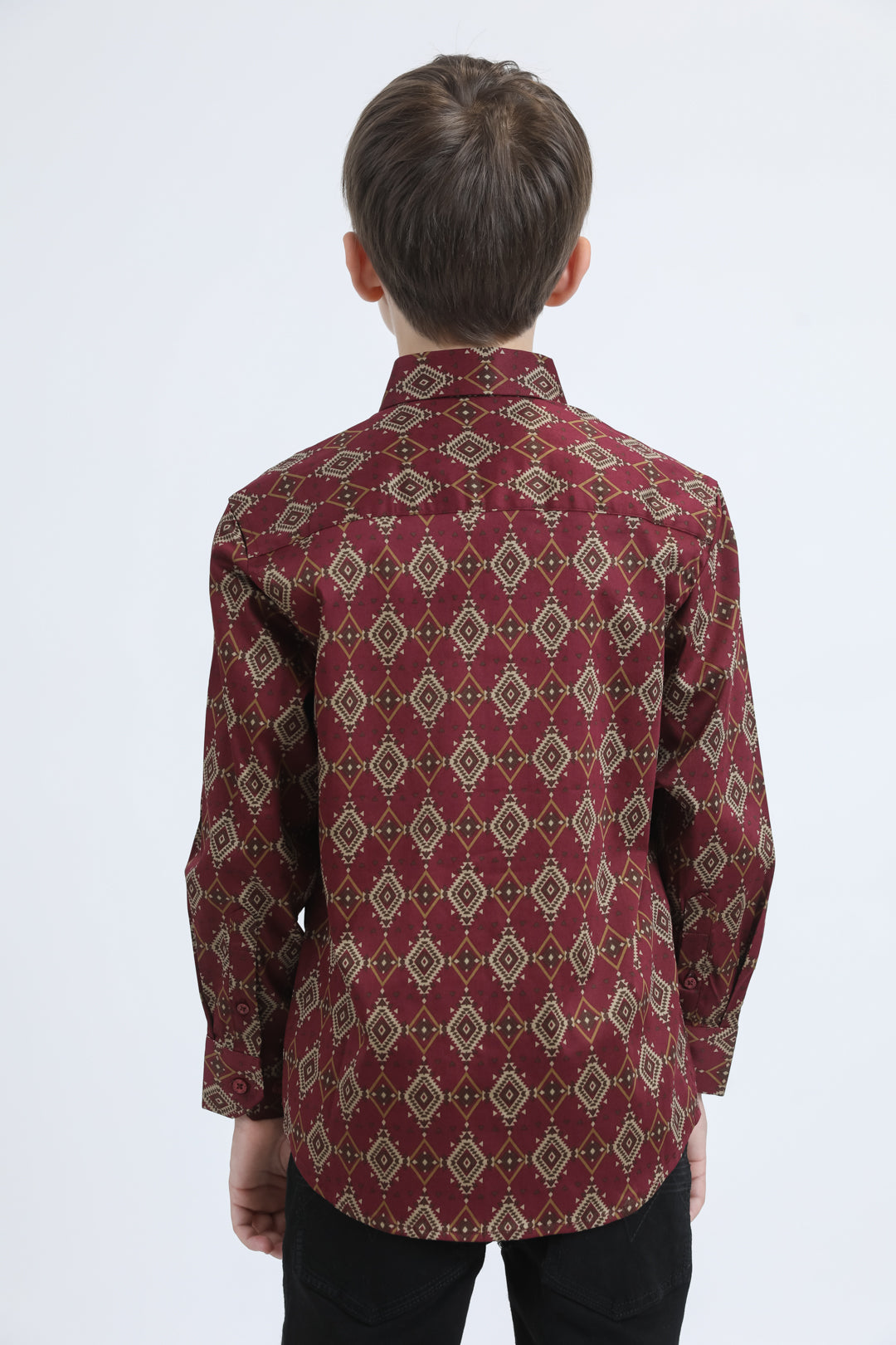 Kid's Cotton Monogram Digital Print Burgundy Dress Shirt