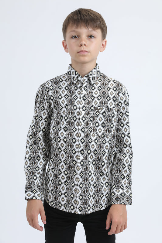 Kid's Cotton Monogram Digital Print White Dress Shirt