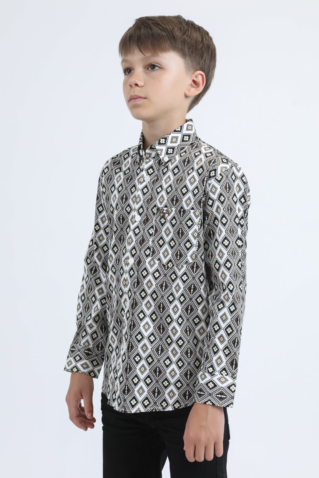Kid's Cotton Monogram Digital Print White Dress Shirt