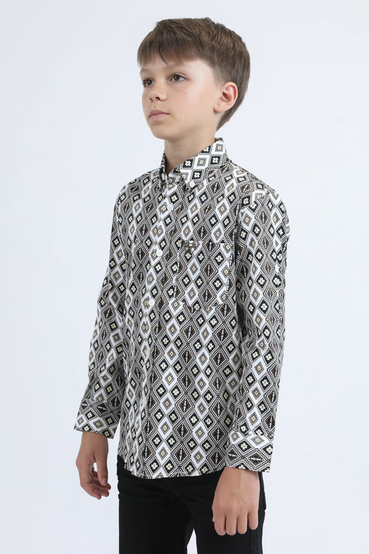 Kid's Cotton Monogram Digital Print White Dress Shirt