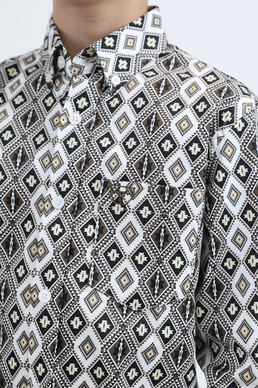 Kid's Cotton Monogram Digital Print White Dress Shirt