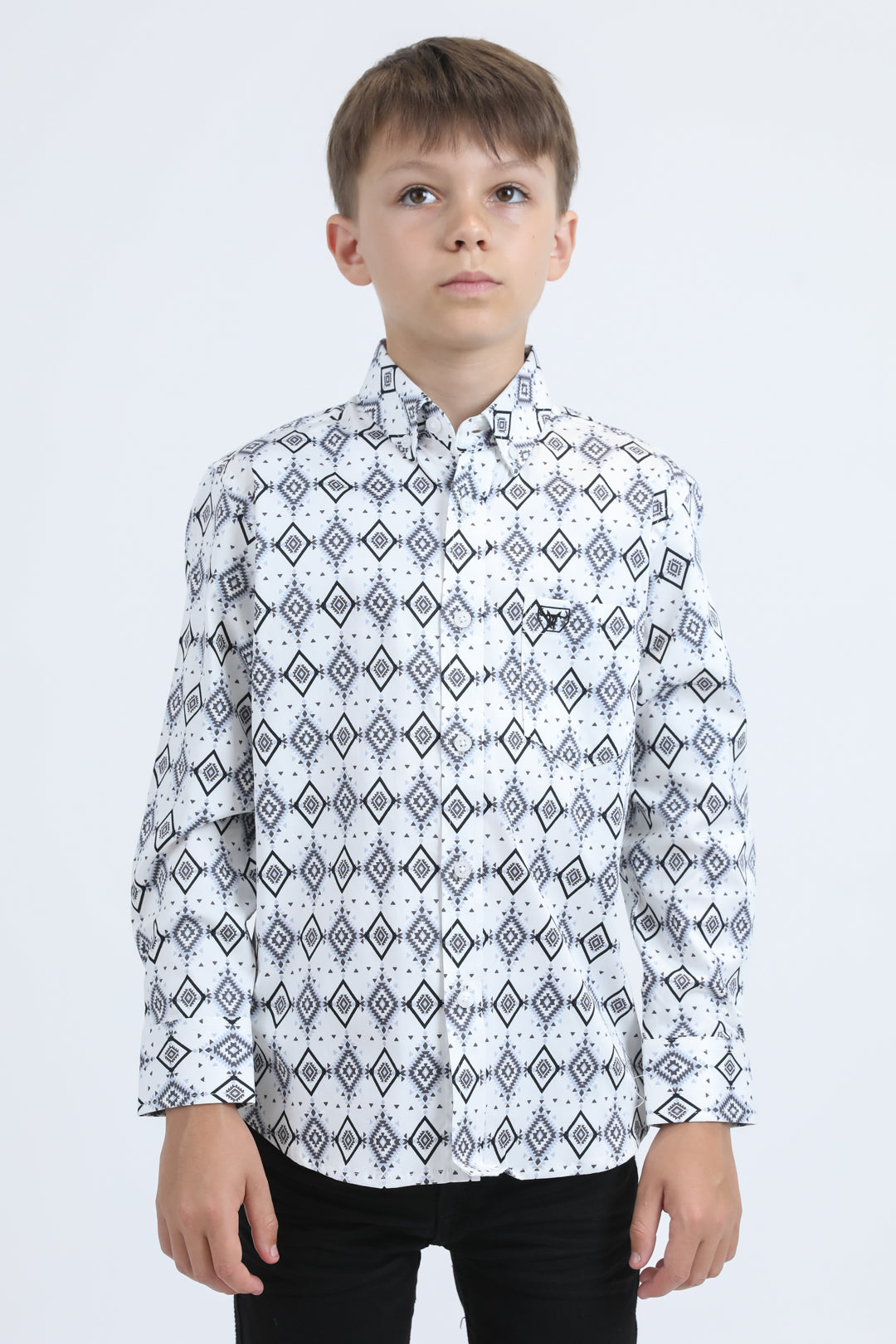 Kid's Cotton Monogram Digital Print White Dress Shirt