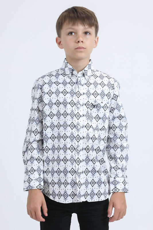 Kid's Cotton Monogram Digital Print White Dress Shirt