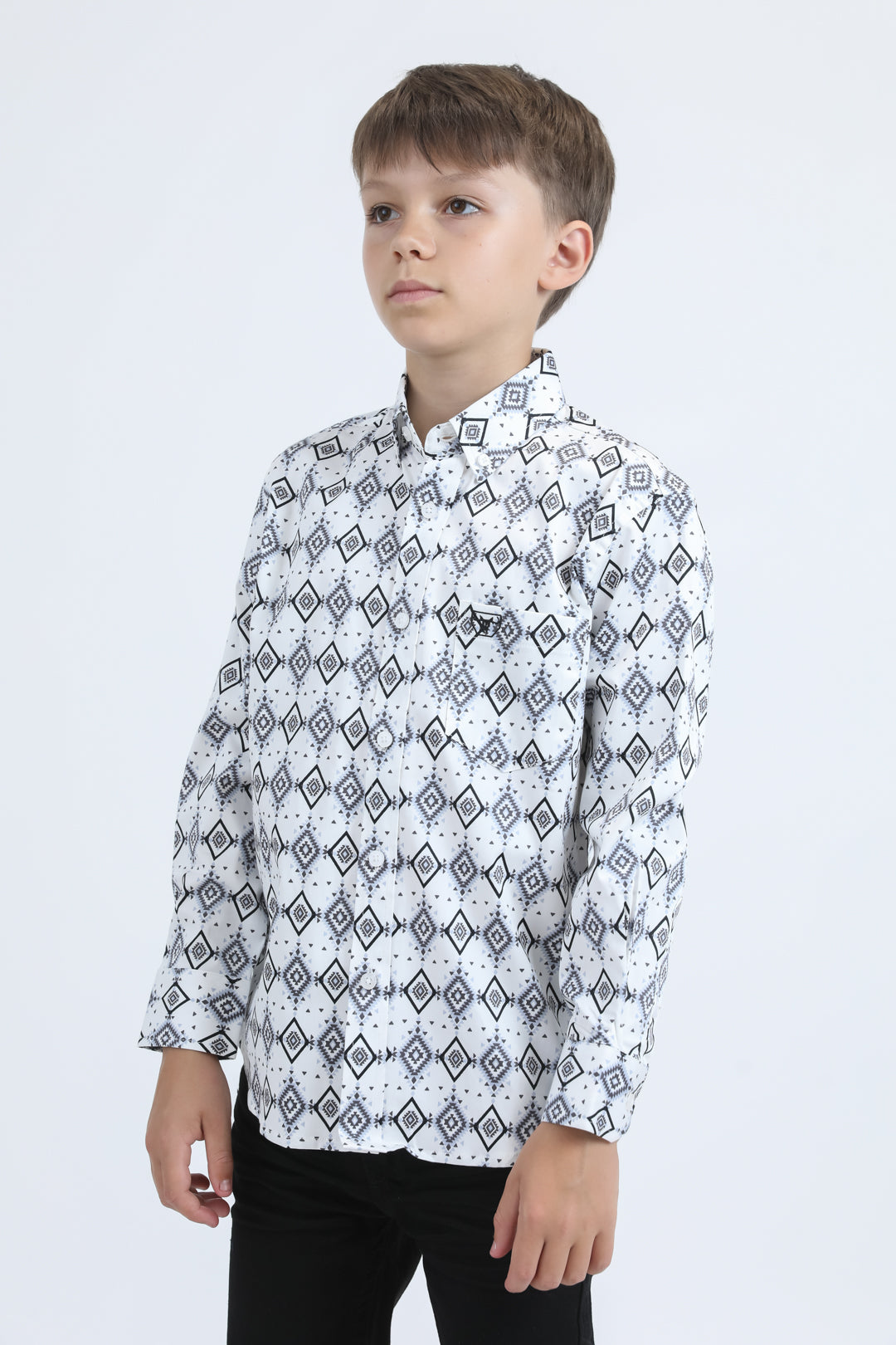 Kid's Cotton Monogram Digital Print White Dress Shirt