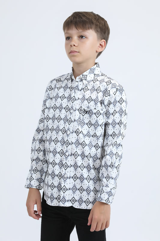 Kid's Cotton Monogram Digital Print White Dress Shirt