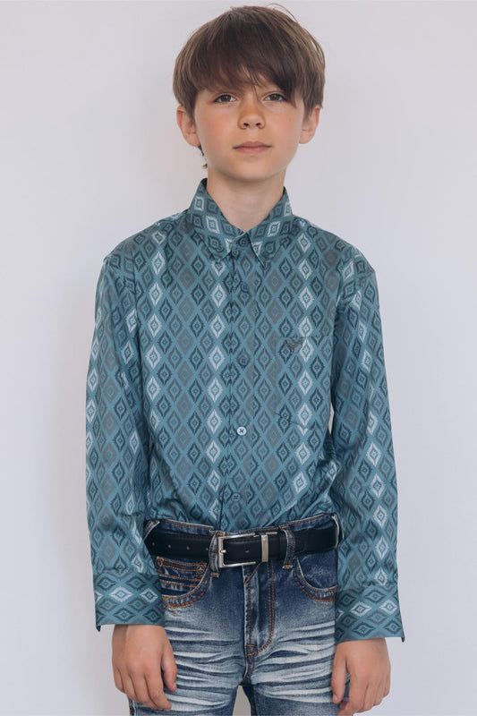 Kid's Cotton Turquoise Aztec Digital Print Dress Shirt