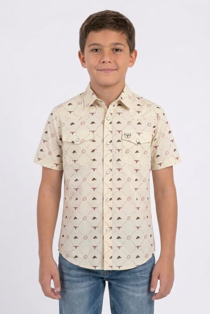 beige kids longhorn icon western shirt platini front